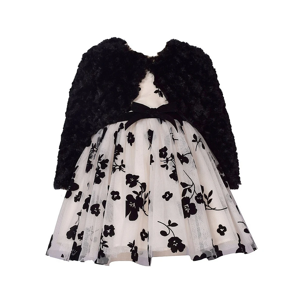 Little Girl's 2-Piece Faux Fur Cardigan & Burnout Dress Set