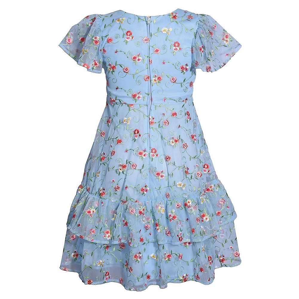 Girl's Embroidered Mesh Floral Dress