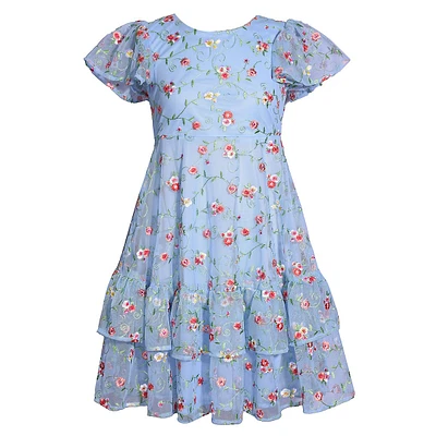 Girl's Embroidered Mesh Floral Dress