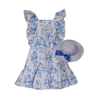 Ensemble 2 pièces robe-salopette et chapeau en toile fleurie pour petite fille