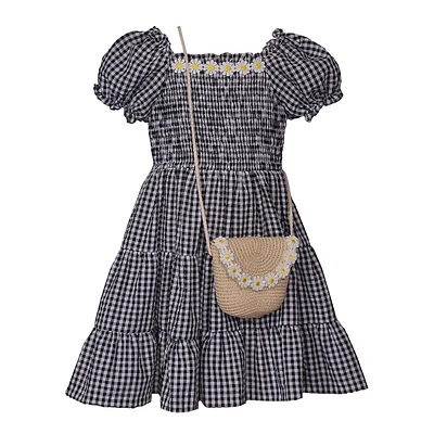 Ensemble 2 pièces robe et sac à main carreaux avec bordure en marguerite pour petite fille