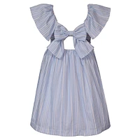 Girl's Open-Back Flutter-Sleeve Striped Dress