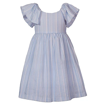 Girl's Open-Back Flutter-Sleeve Striped Dress