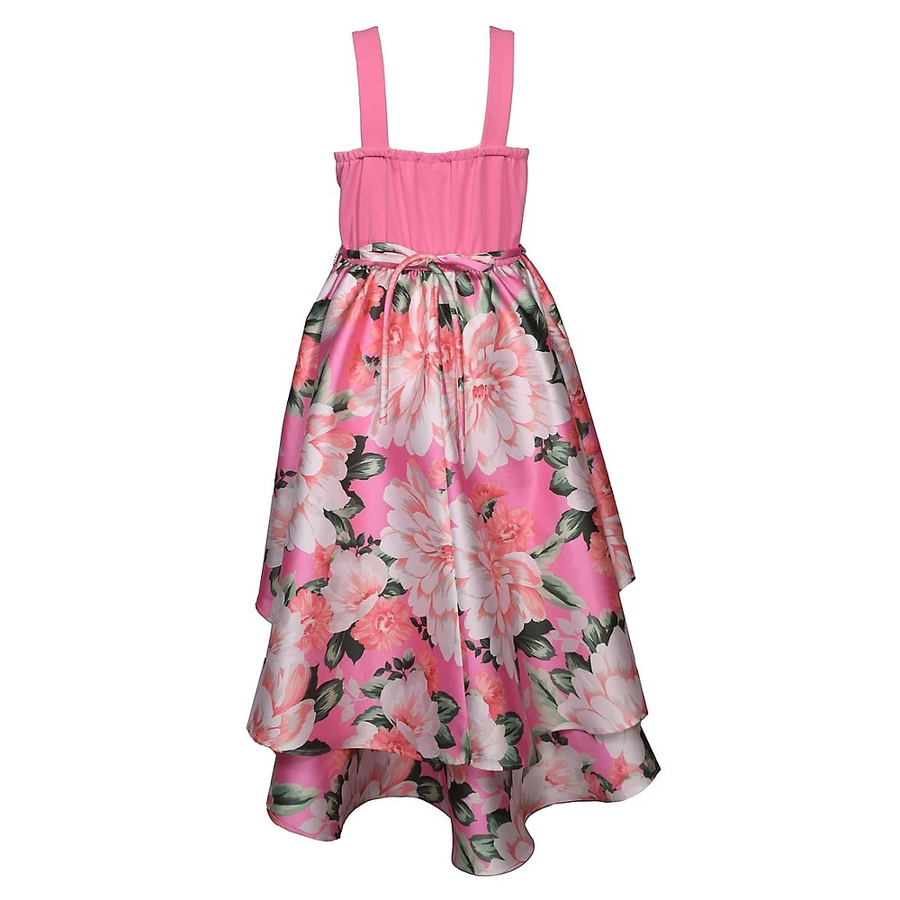 Girl's Knit & Floral Mikado Strappy High-Low Dress