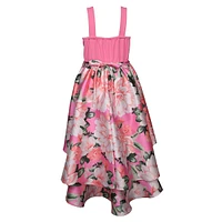 Girl's Knit & Floral Mikado Strappy High-Low Dress