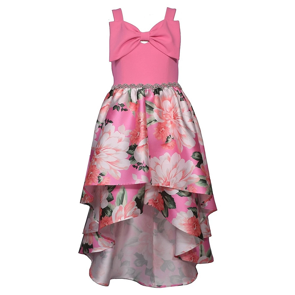 Girl's Knit & Floral Mikado Strappy High-Low Dress