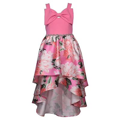 Girl's Knit & Floral Mikado Strappy High-Low Dress