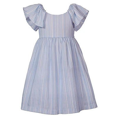 Little Girl's Open-Back Flutter-Sleeve Striped Dress