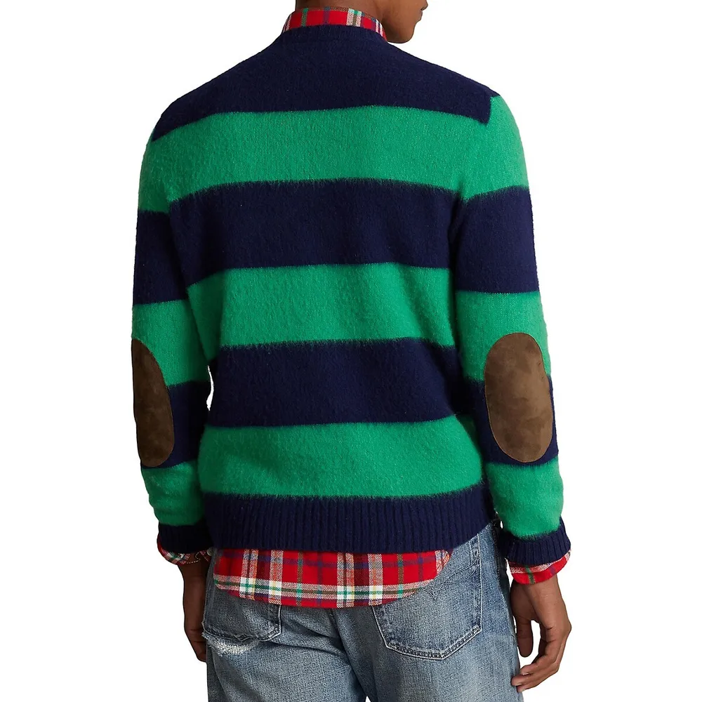 Suede-Trim Striped Wool-Cashmere Sweater