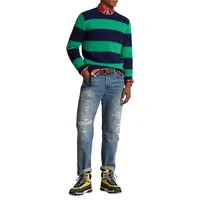 Suede-Trim Striped Wool-Cashmere Sweater