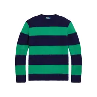 Suede-Trim Striped Wool-Cashmere Sweater