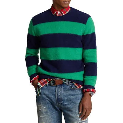 Suede-Trim Striped Wool-Cashmere Sweater
