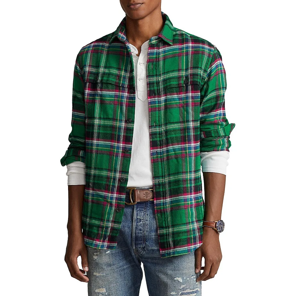 Classic-Fit Suede-Patch Plaid Workshirt