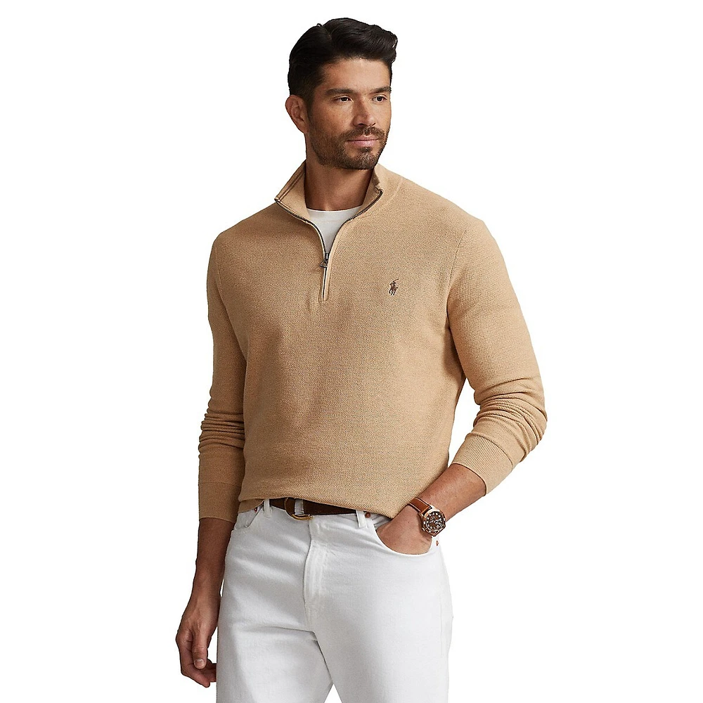 Big & Tall Mesh-Knit Cotton Quarter-Zip Sweater