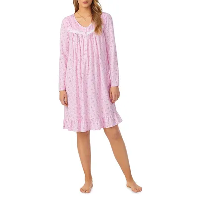 Ribbon-Trimmed Floral Short Nightgown
