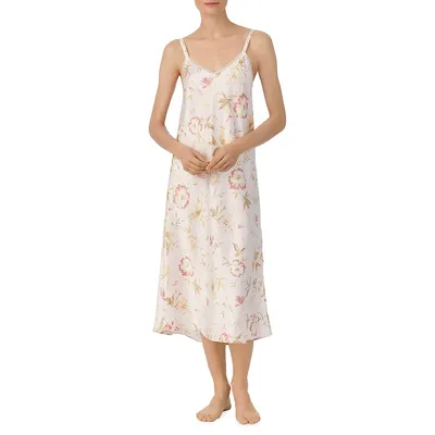 Double-Strap Floral Satin Night Gown