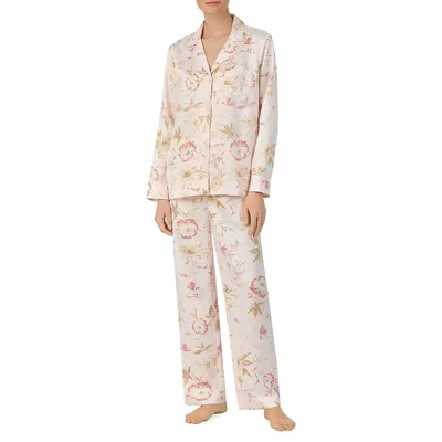 2-Piece Satin Long-Sleeve Notch Collar Pyjama Set