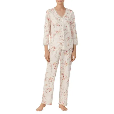 Pyjama fleuri à bordure en dentelle