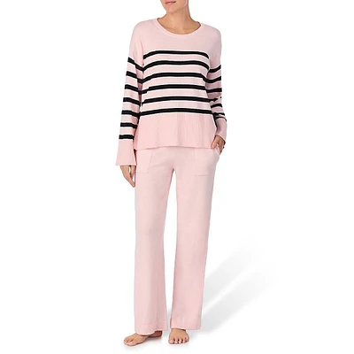 2-Piece Striped Knit Top & Solid Pull-On Pants Pyjama Set