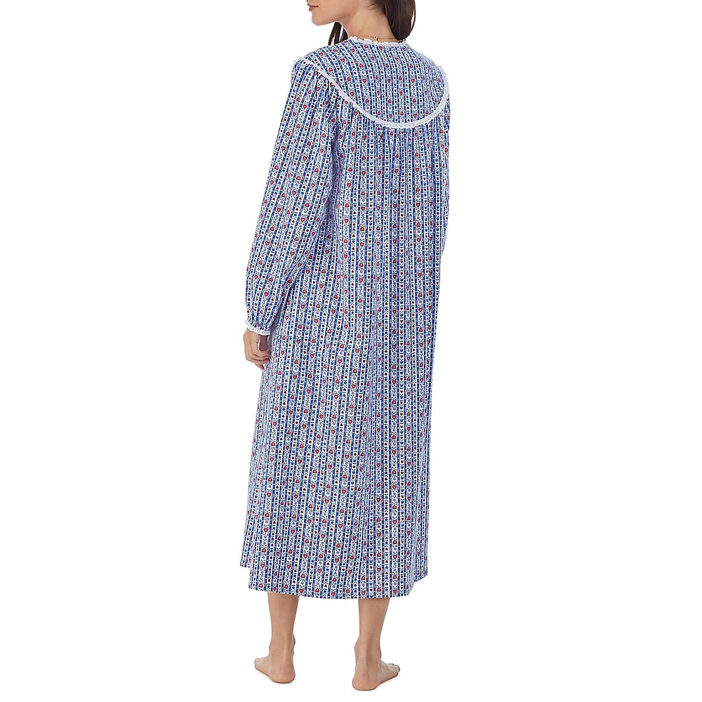 Lace Trim-Yoke Open-Neck Cotton Flannel Nightgown