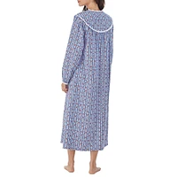 Lace Trim-Yoke Open-Neck Cotton Flannel Nightgown