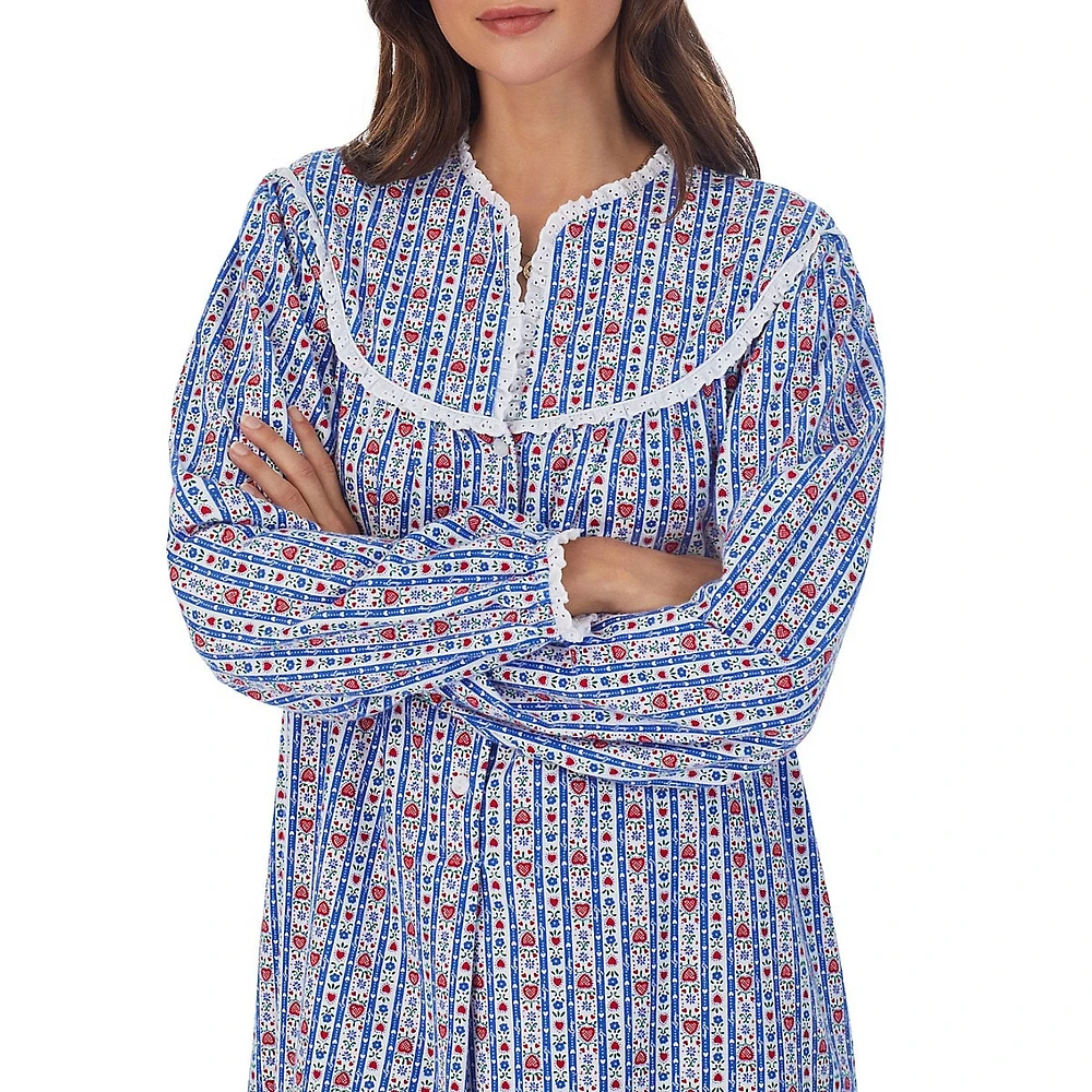 Lace Trim-Yoke Open-Neck Cotton Flannel Nightgown