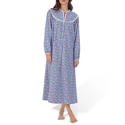 Lace Trim-Yoke Open-Neck Cotton Flannel Nightgown