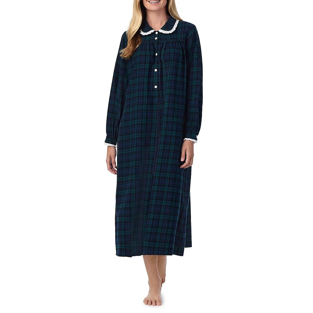 Peter Pan-Collar Cotton Flannel Long Nightgown