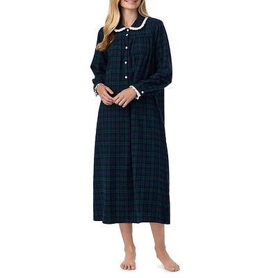 Peter Pan-Collar Cotton Flannel Long Nightgown