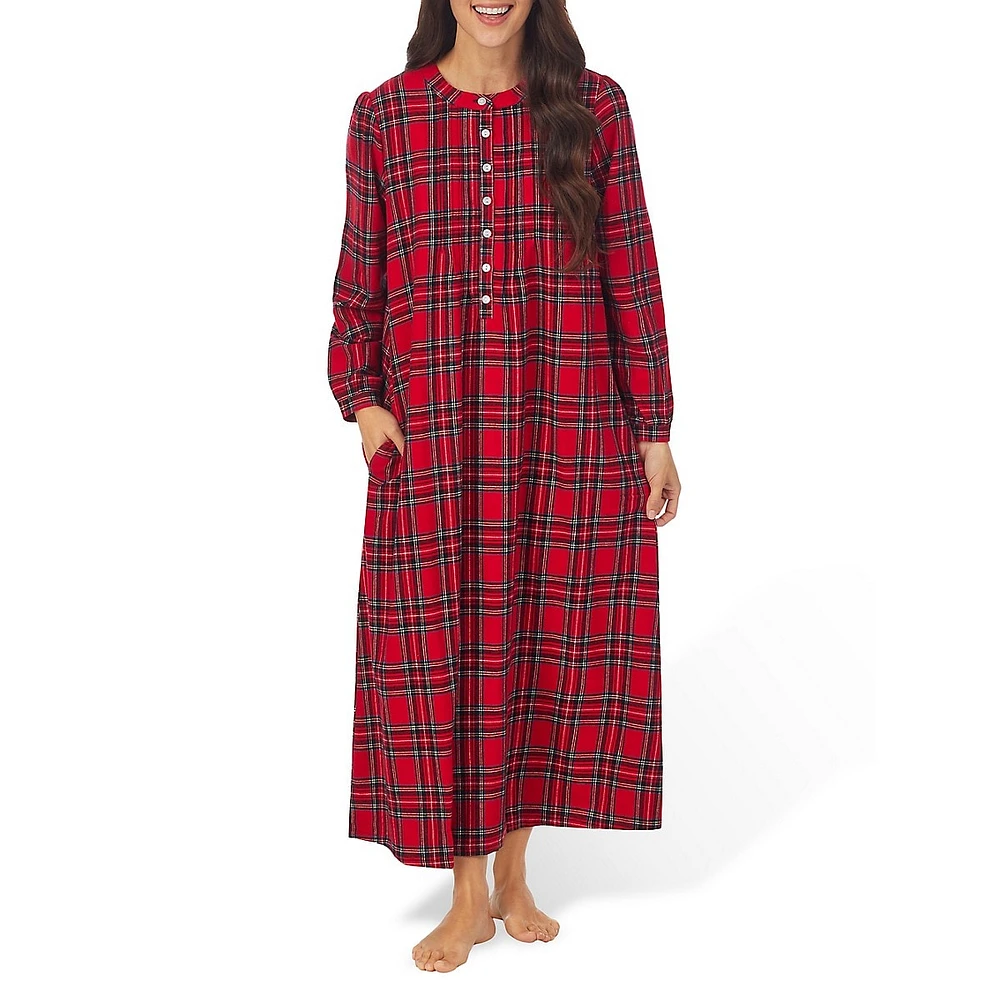 Long-Sleeve Pintucked Cotton Flannel Nightgown