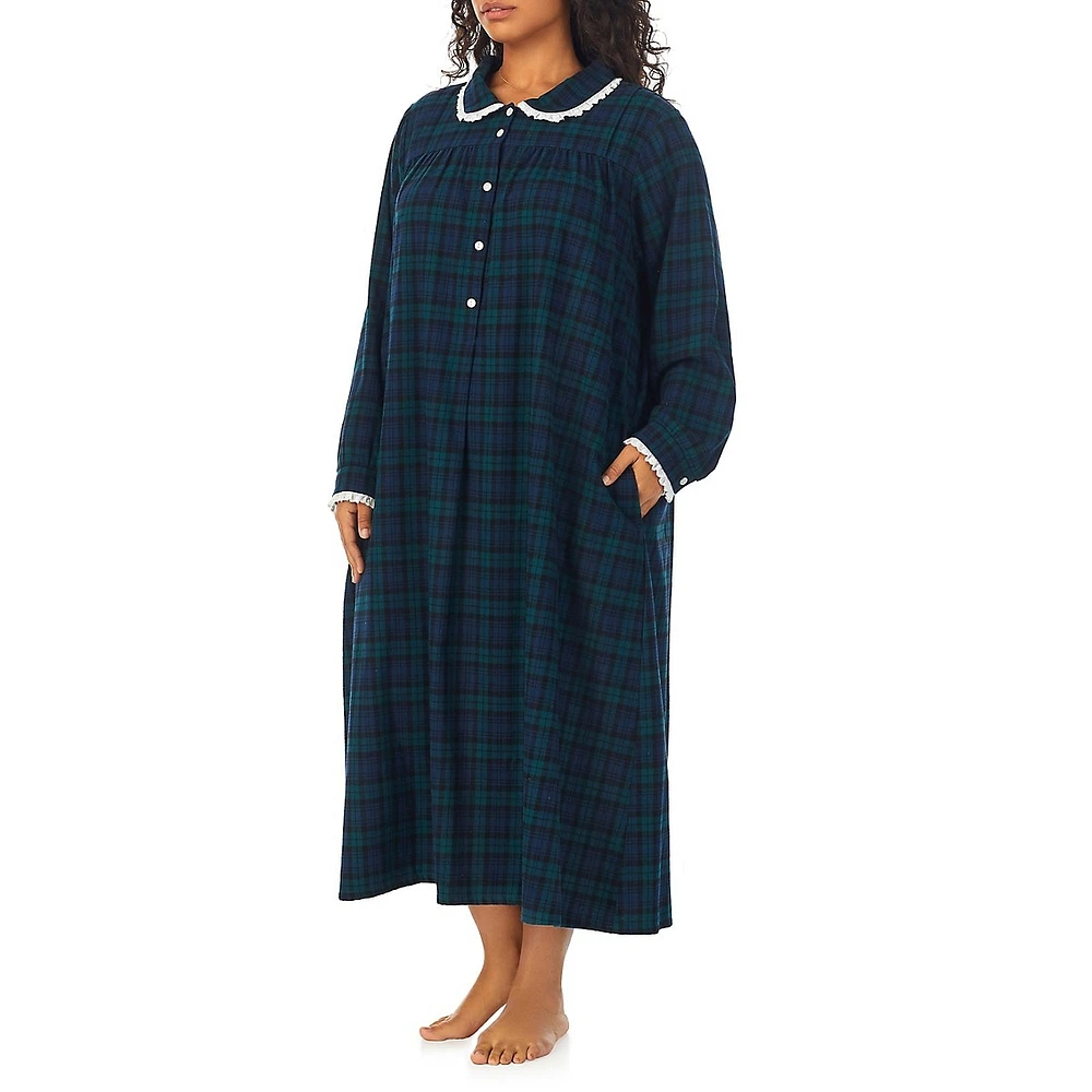 Plus Peter Pan-Collar Cotton Flannel Long Nightgown