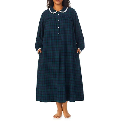 Plus Peter Pan-Collar Cotton Flannel Long Nightgown