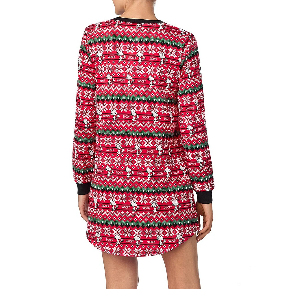 Fair Isle-Print Long-Sleeve Henley Sleepshirt