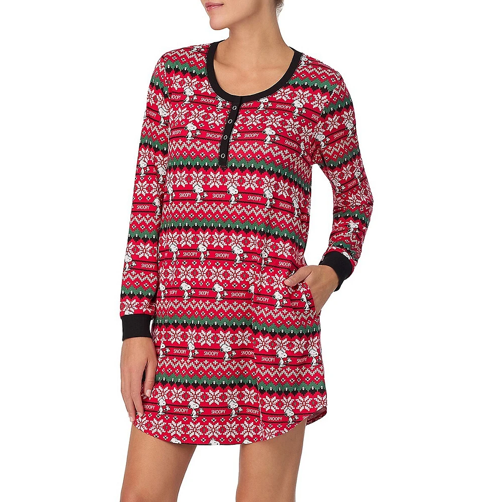 Fair Isle-Print Long-Sleeve Henley Sleepshirt