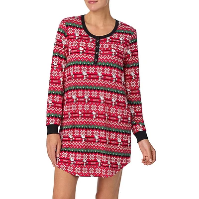 Fair Isle-Print Long-Sleeve Henley Sleepshirt