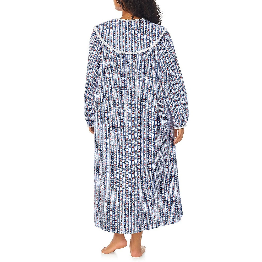 Plus Lace Trim-Yoke Open-Neck Cotton Flannel Nightgown