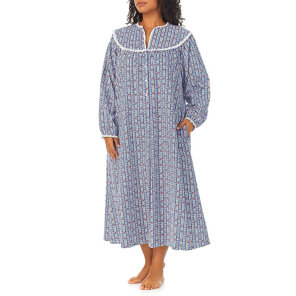 Plus Lace Trim-Yoke Open-Neck Cotton Flannel Nightgown