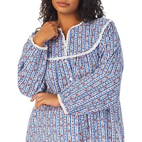 Plus Lace Trim-Yoke Open-Neck Cotton Flannel Nightgown