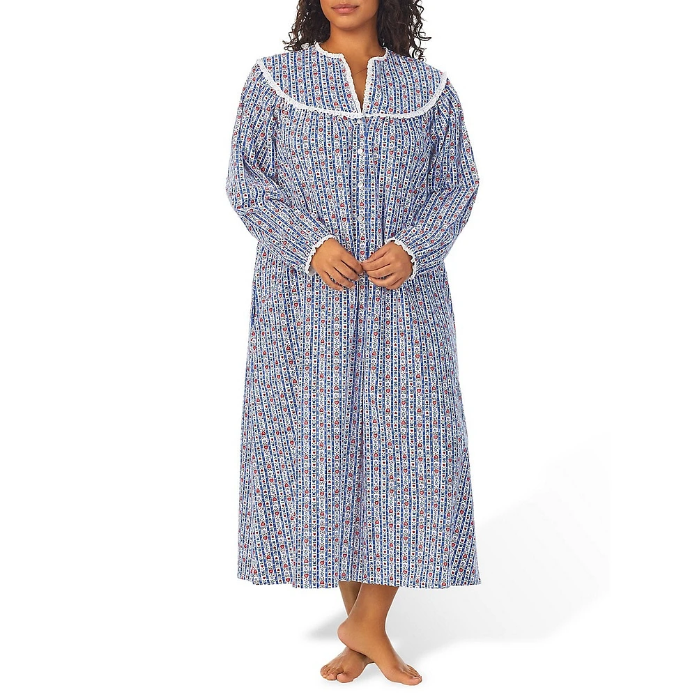 Plus Lace Trim-Yoke Open-Neck Cotton Flannel Nightgown