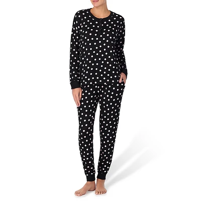 2-Piece Dotted Henley Top & Pull-On Pants Pyjama Set