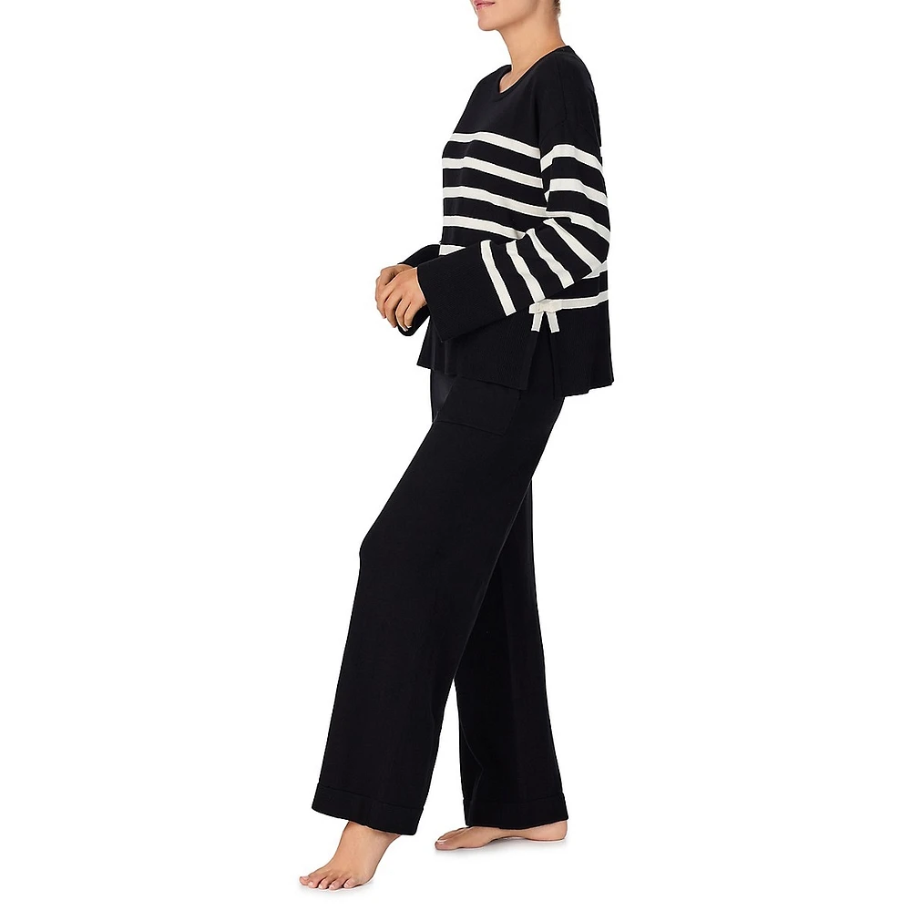 2-Piece Striped Knit Top & Solid Pull-On Pants Pyjama Set