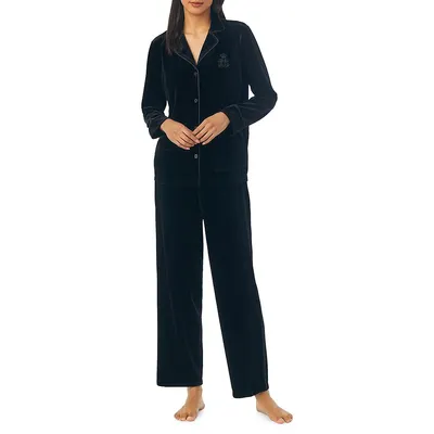 2-Piece Velvet Long-Sleeve Notch-Collar Pyjama Set