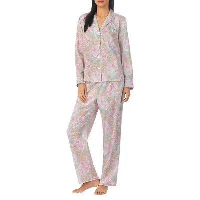 2-Piece Sateen Long-Sleeve Notch-Collar Pyjama Set