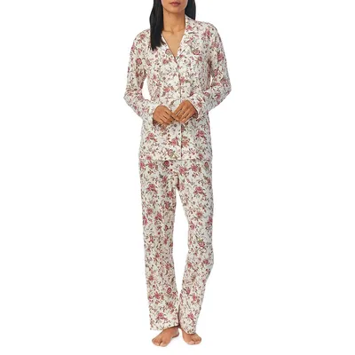 2-Piece Long-Sleeve Notch-Collar Top & Long Pant Pyjama Set