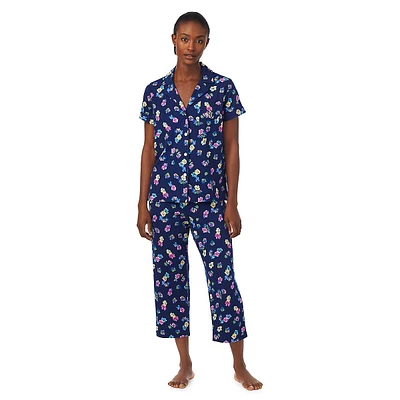 2-Piece Short-Sleeve Notch-Collar Capri Pyjama Set