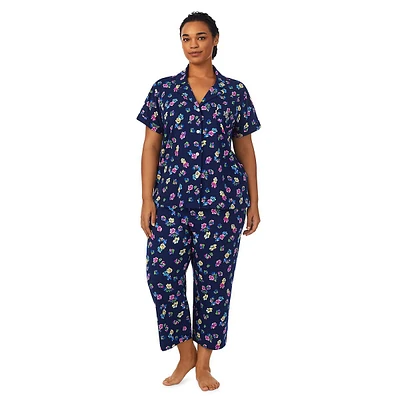Plus 2-Piece Short-Sleeve Notch-Collar Capri Pyjama Set