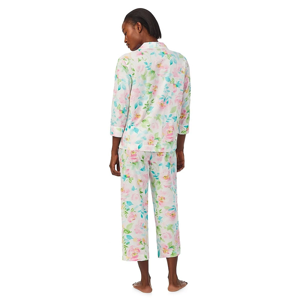 Printed 2-PIece Notch-Collar & Capri Pant Pyjama Set