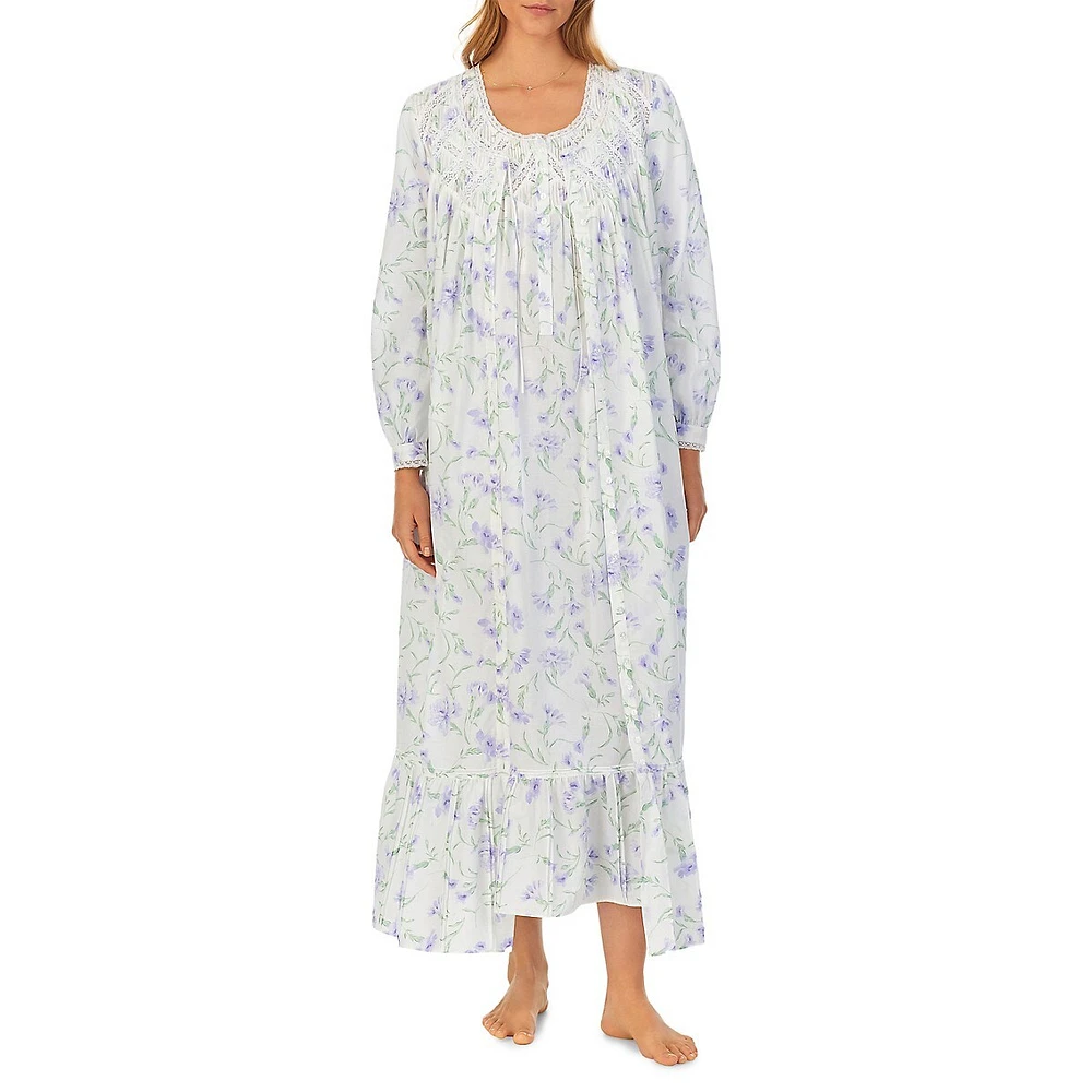 Floral Cotton Lawn Long-Sleeve Midi Niightgown