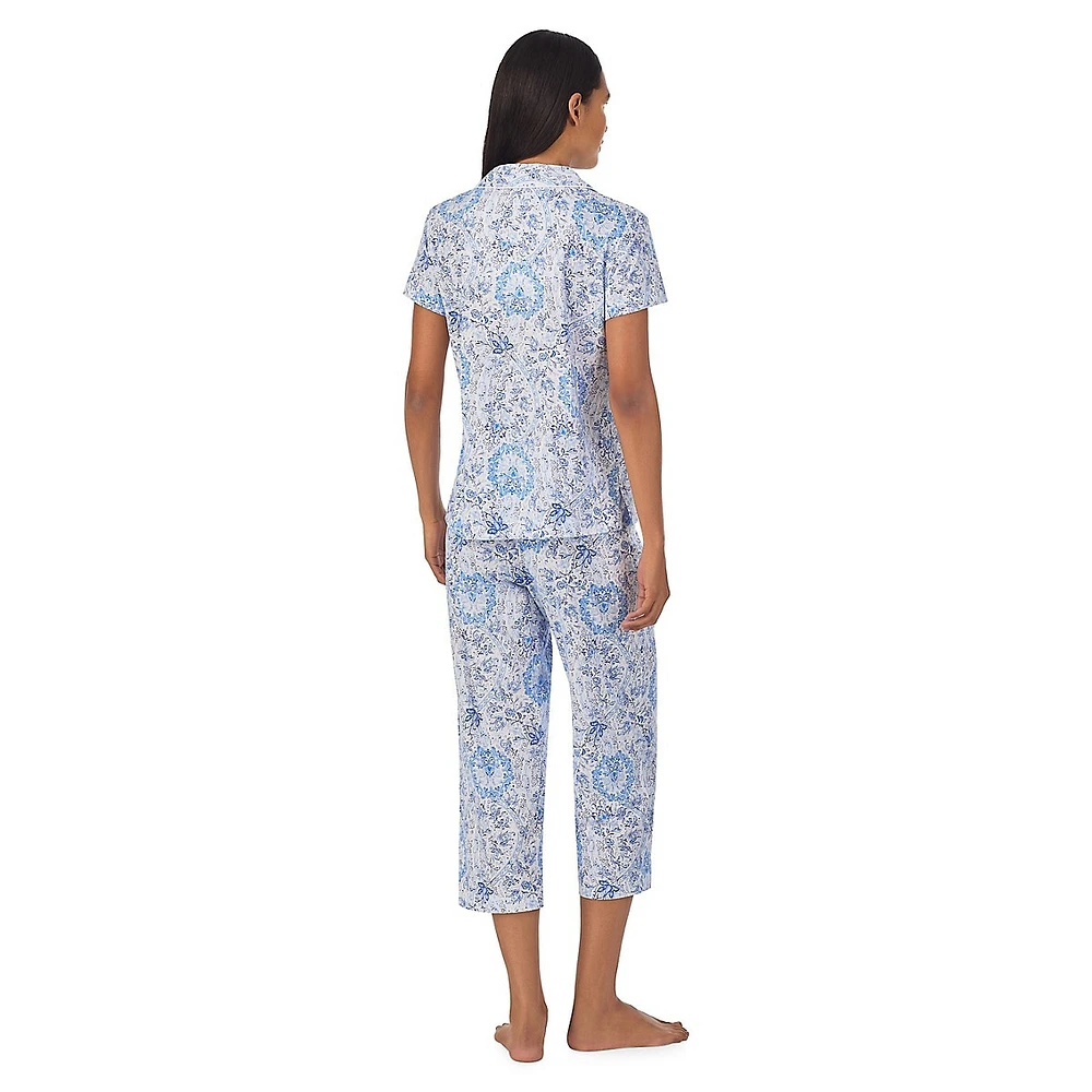 2-Piece Floral Wreath-Print Cropped Pyjama Set