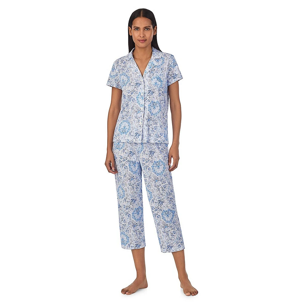 2-Piece Floral Wreath-Print Cropped Pyjama Set